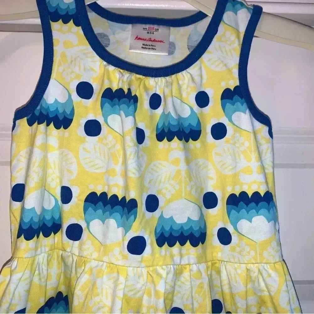 Hanna Andersson Dress 110cm US 5-6 Blue Yellow Dutch Tulips Sleeveless Sundress